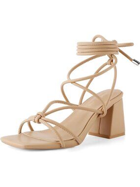 Women's Beige Strappy Gladiator High Heel Sandals Chunky Block Heel Open Toe